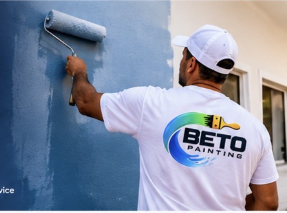 Painter applying a fresh coat of blue paint to a wall